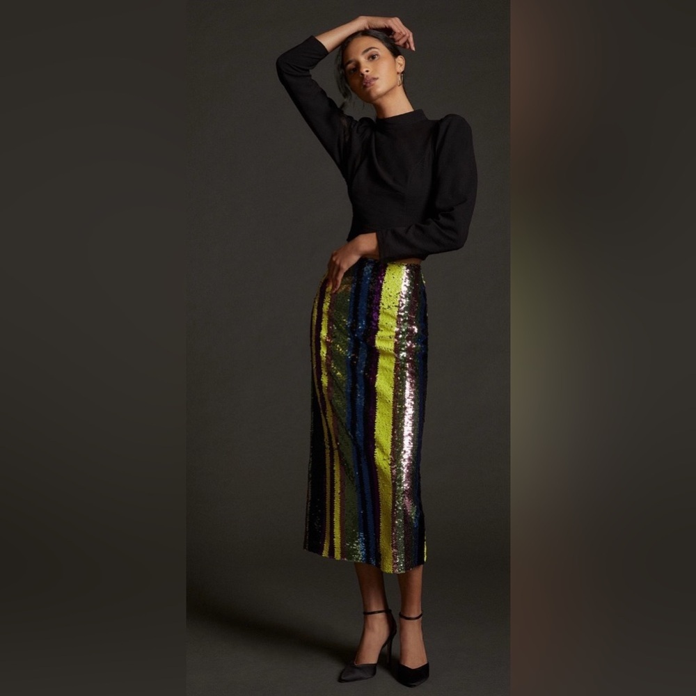 RARE Anthropologie Rdalamal Sequin Stripe Midi Skirt Rainbow Statement NWT